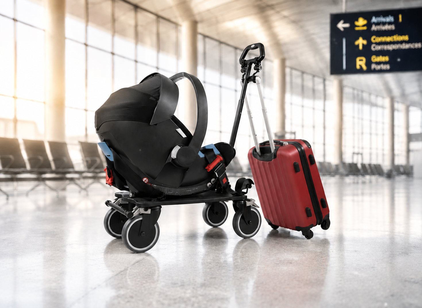TaxiBabee en situation à l'aéroport, avec valise